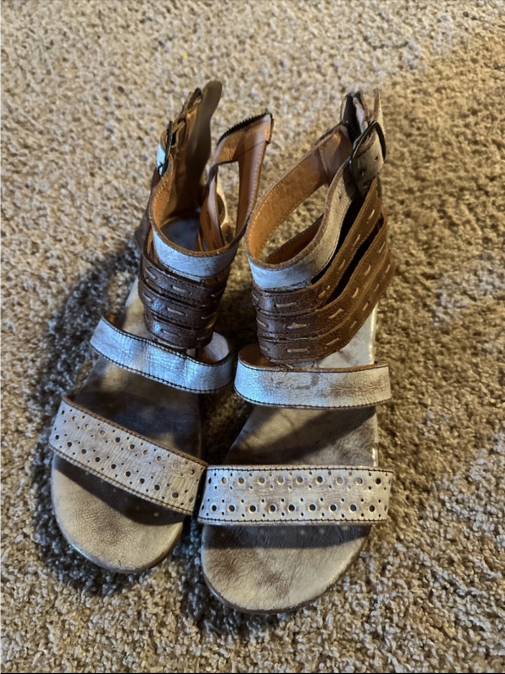 Bed Stu Brown and Taupe Perforated Strappy Wedge Sandals